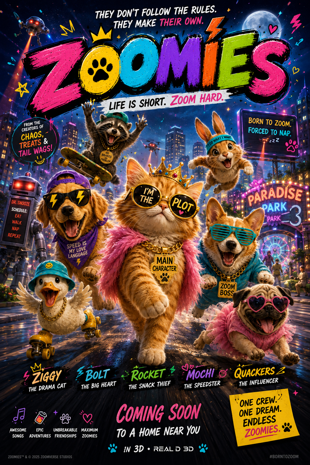 The Zoomies crew — Ziggy, Bolt, Rocket, Mochi and Quackers